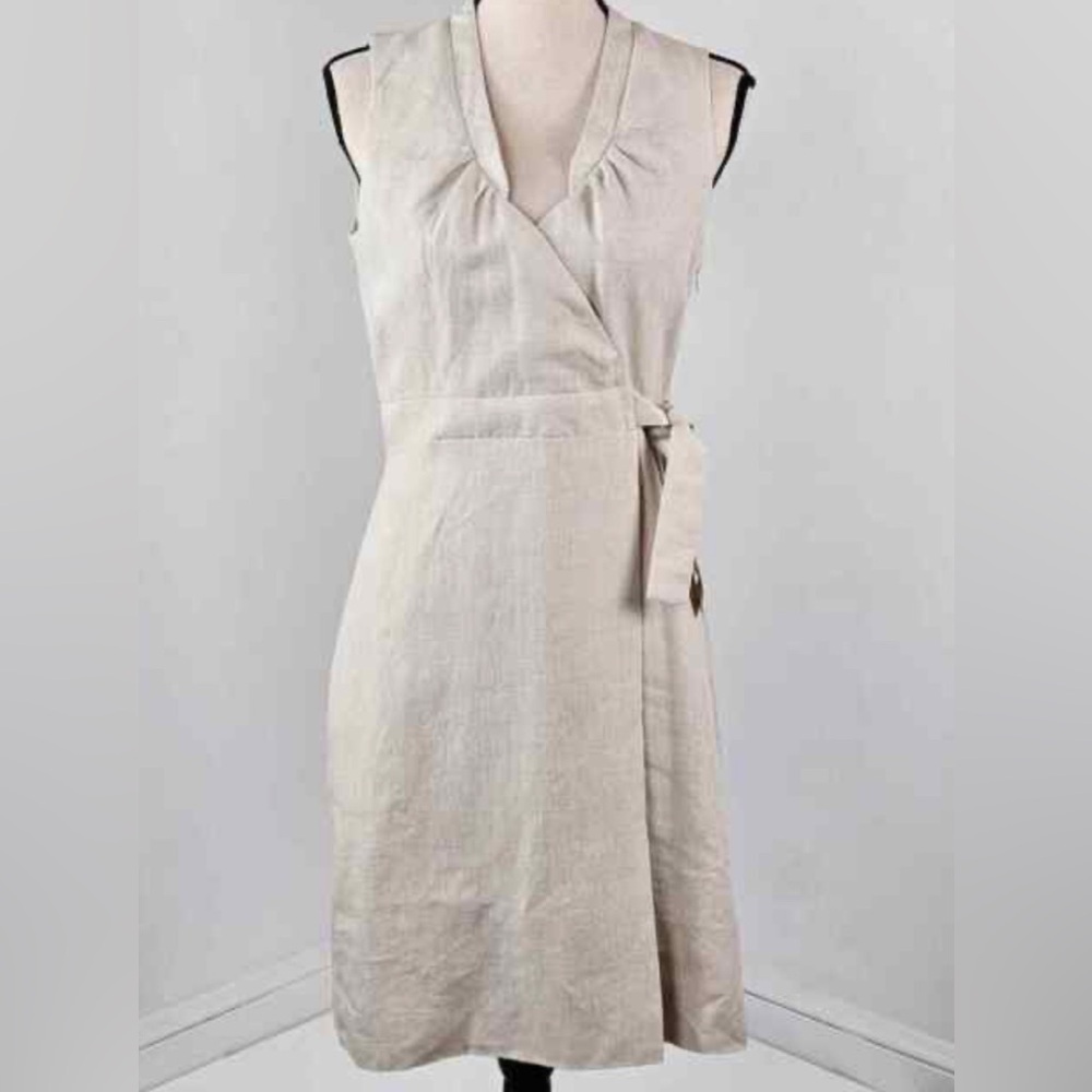 J Crew Sz 6 Dress Natural Ivory Bone Linen Sleeveless Faux Wrap V-Neck Lined